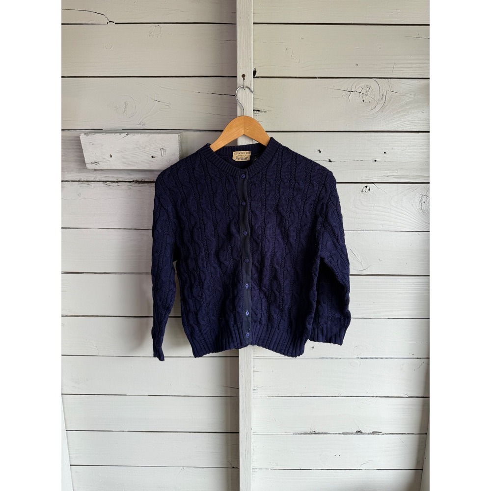 Vintage Premier Navy Blue 100% Virgin Wool Cable Knit Cardigan Sweater Crew Neck
